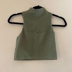 COPY - ZARA XSMALL - SMALL MOCK NECK OLIVE GREEN RIBBED STRETCHY CROPPED TANK T…
